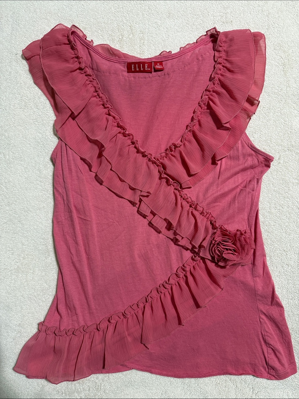 ELLE Rose-Pink Ruffle Camisole with Rosette Accent